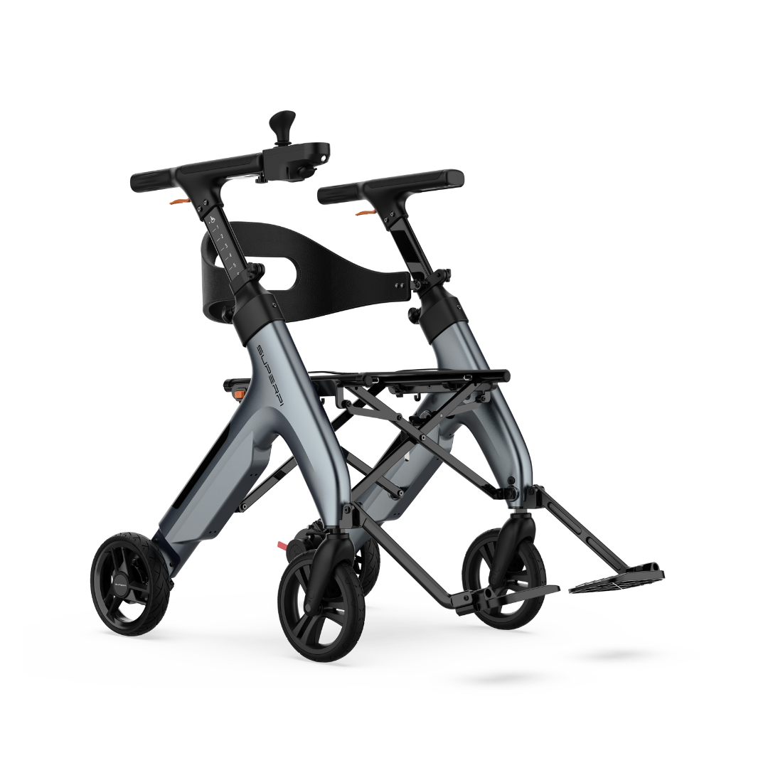 The Superpi W1 Electric Wheelchair Rollator with 4-in-1 Functionality is a modern, foldable mobility device featuring four wheels, a metallic gray and black frame, ergonomic handles, a seat with backrest and footrest. It seamlessly combines the convenience of a rollator with advanced design elements for superior mobility support and portability.
